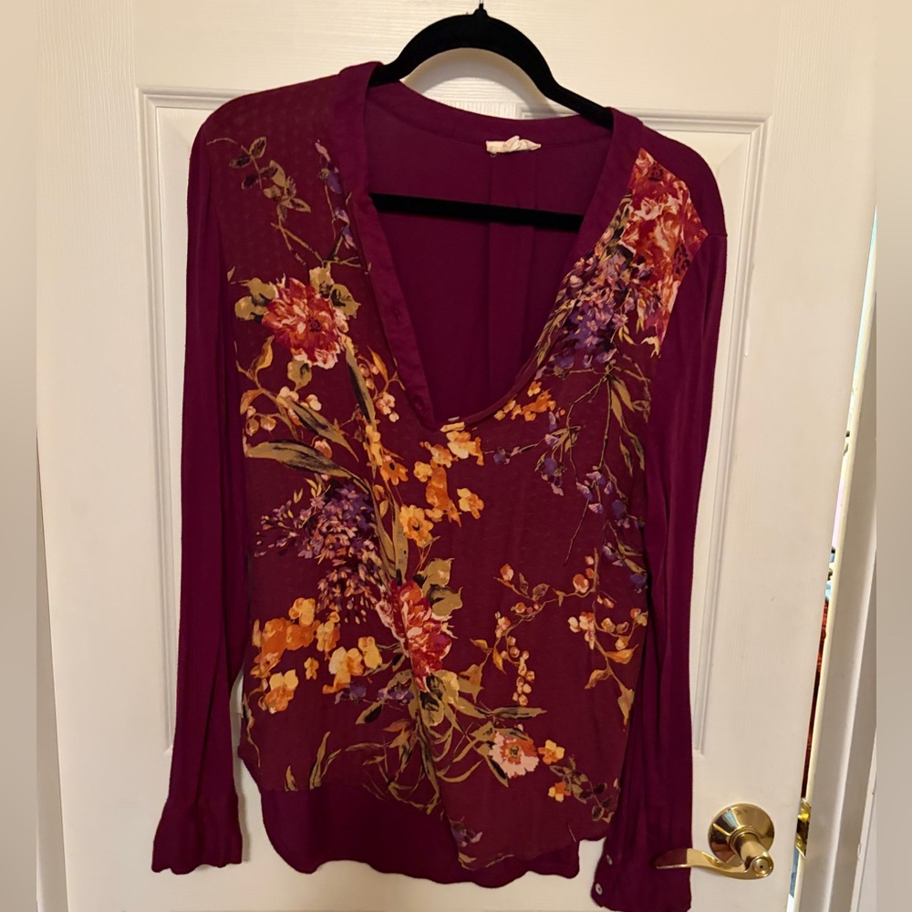 ODDY Floral V-Neck Blouse - Burgundy and Orange